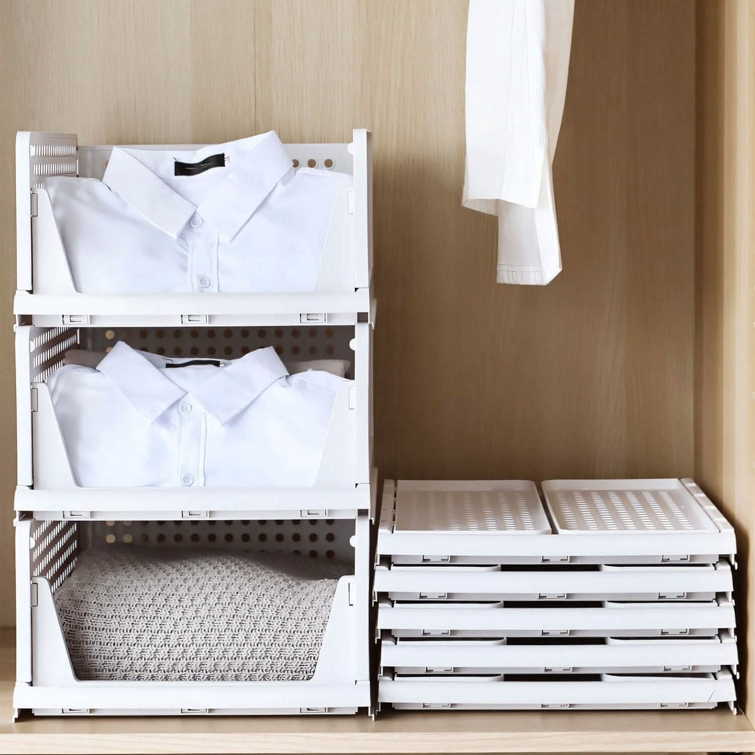 stackable storage boxes with drawers 4-pack - foldable closet organizer in a closet, shelf, or bedroom setup