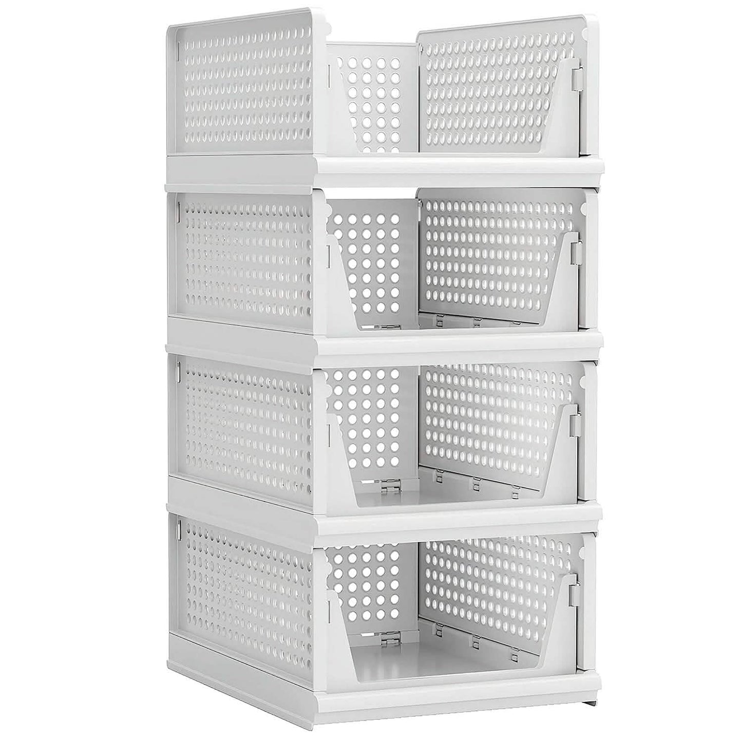stackable storage boxes with drawers 4-pack - foldable closet organizer in a closet, shelf, or bedroom setup