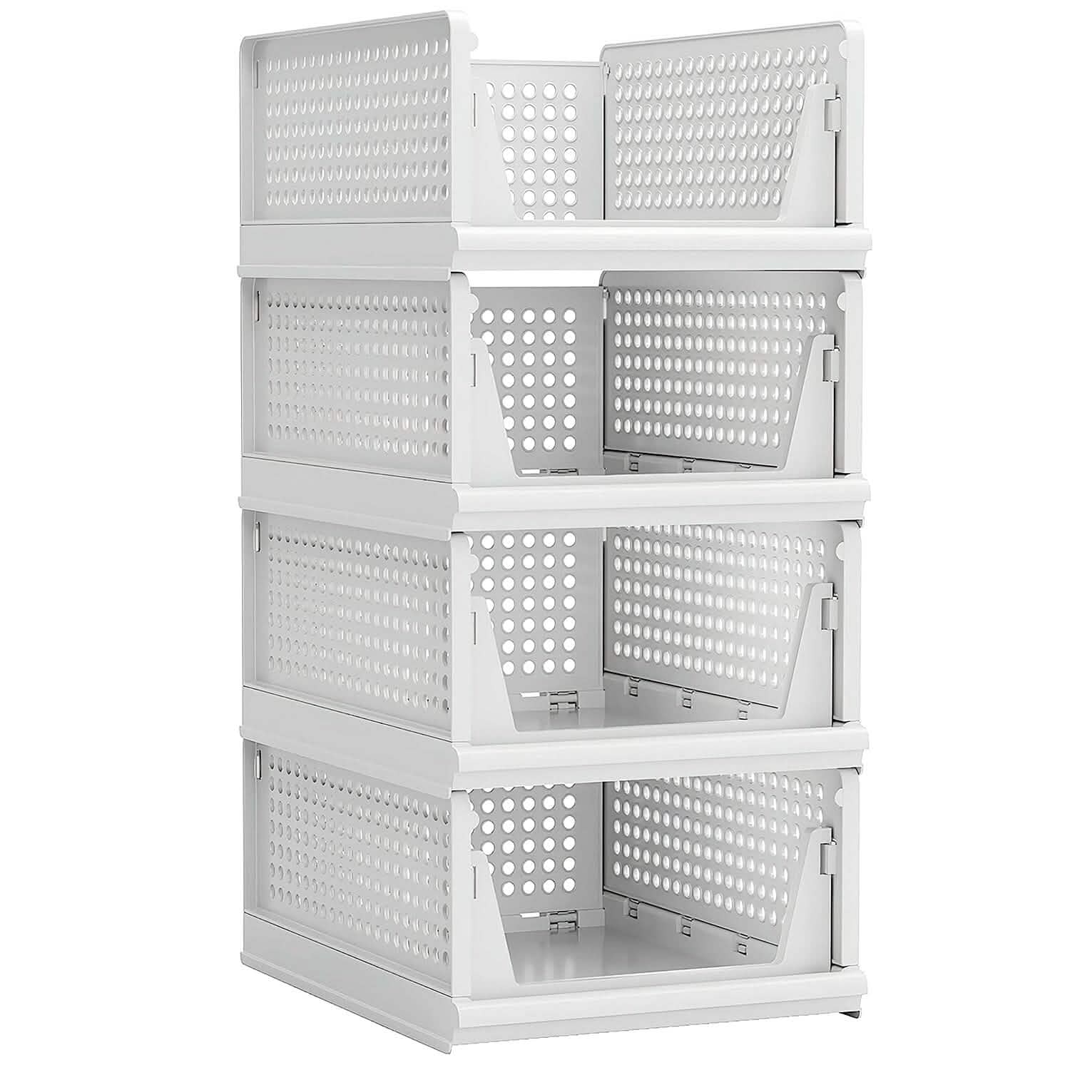 stackable storage boxes with drawers 4-pack - foldable closet organizer in a closet, shelf, or bedroom setup