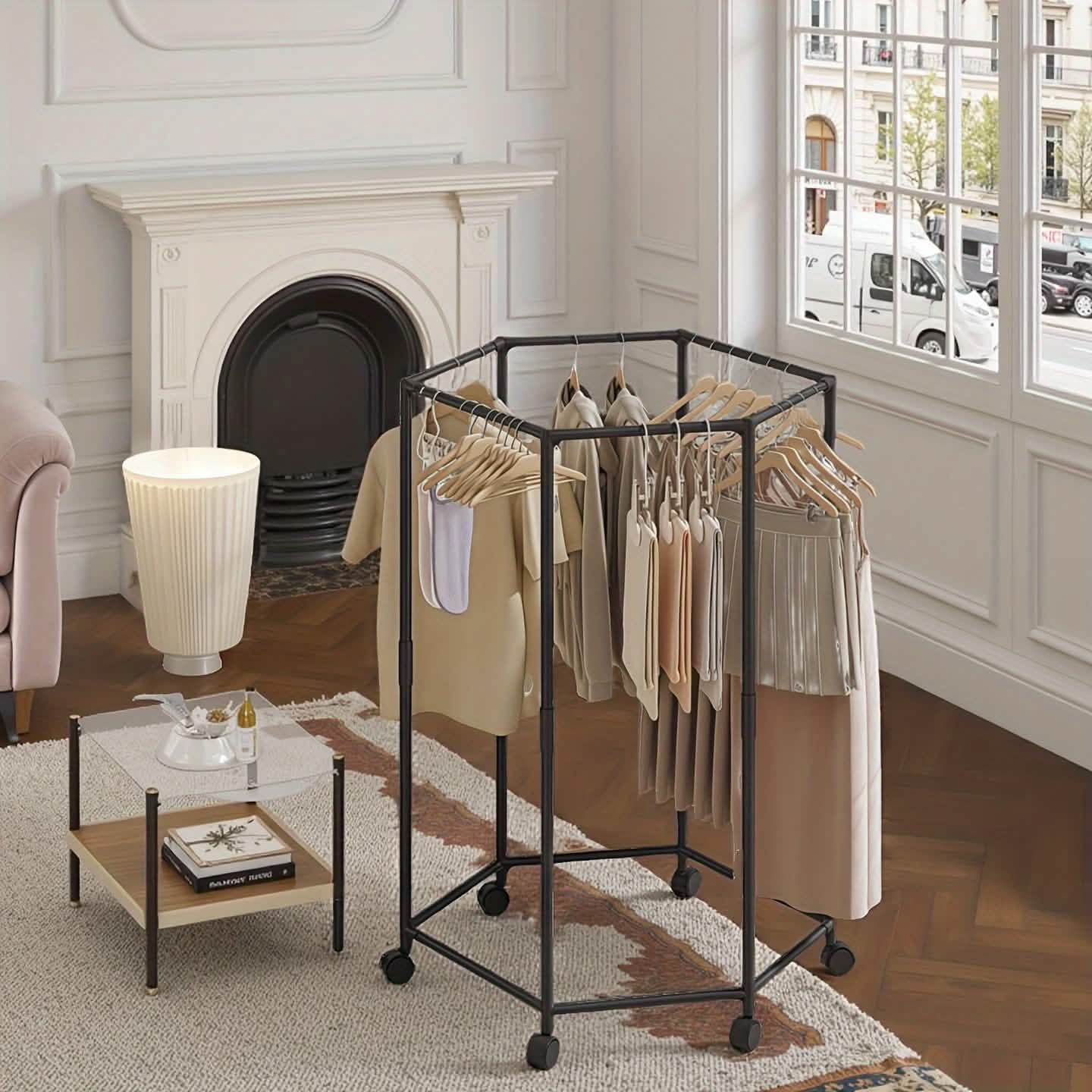 360° Rotating Clothing Rack - Freestanding Organizer with Wheels for bedroom or laundry area