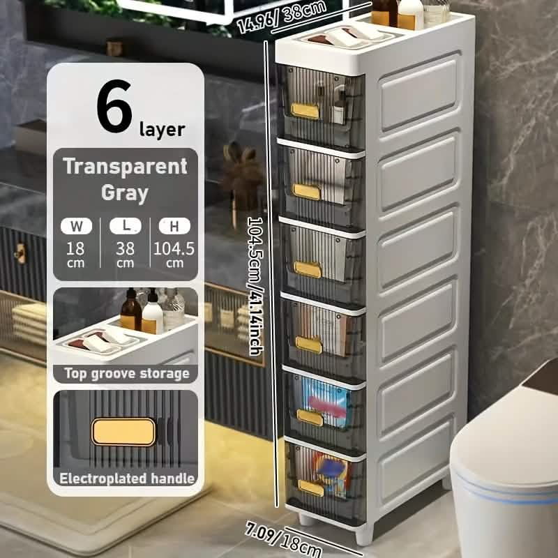 slimline multi-drawer storage cabinet - 3, 4, or 6 layer in a bedroom, bathroom, or office setup