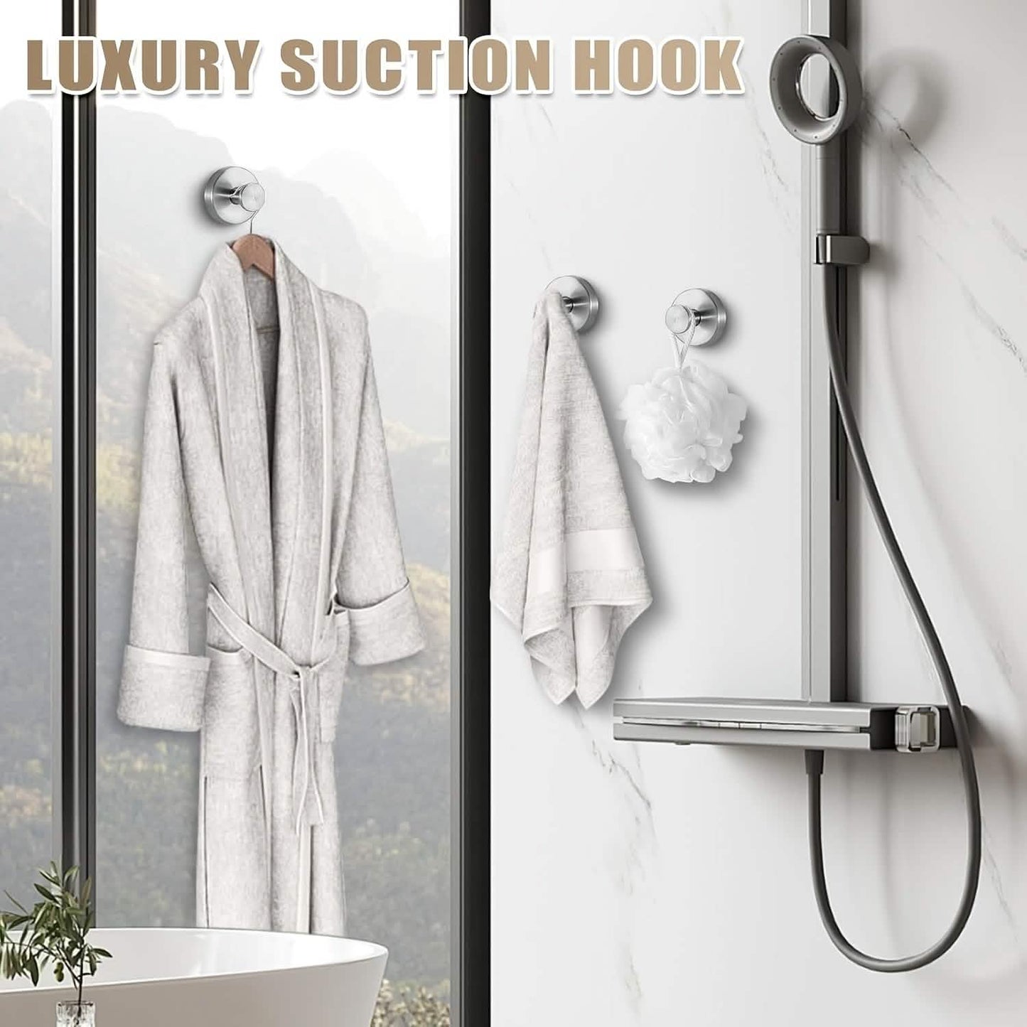 Strong Suction Cup Hooks 2-Pack - No-Drill Stainless Steel for bathroom or kitchen wall