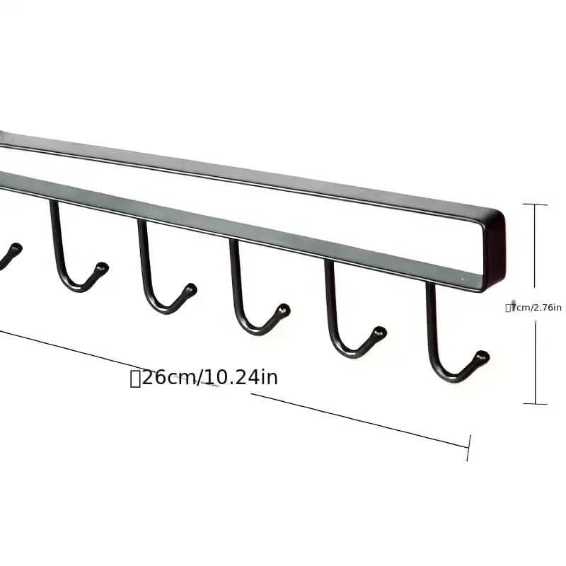 kitchen shelf storage rack with 6 hooks in a kitchen cabinet or shelf setup