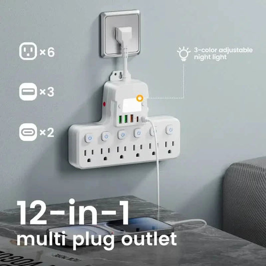 White 12-in-1 power strip with six outlets, USB ports and night light