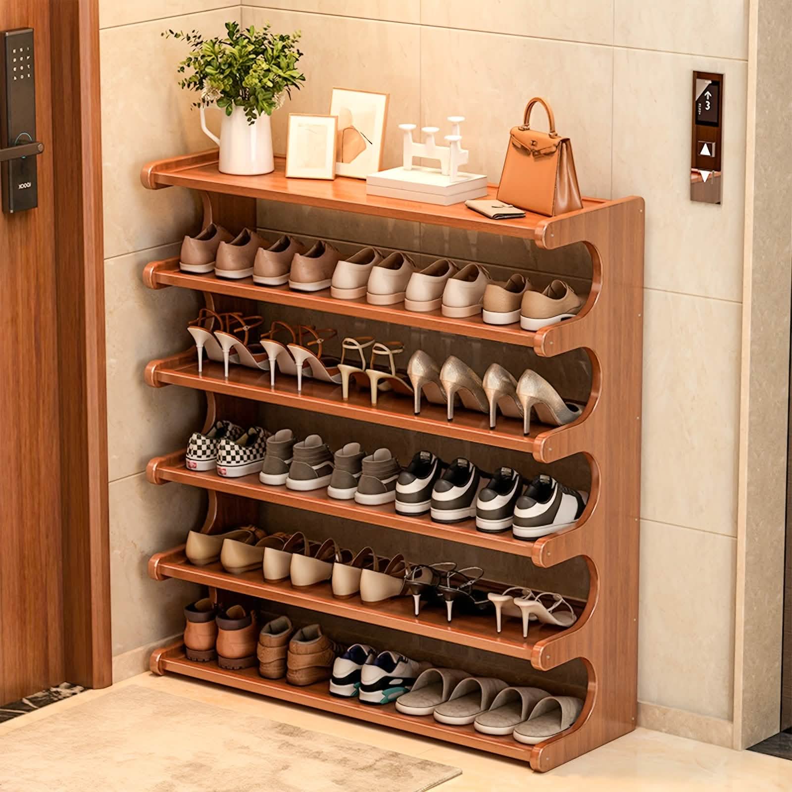 Bamboo Shoe Rack Organizer - 5 or 6 Tier Storage Shelf for entryway or closet