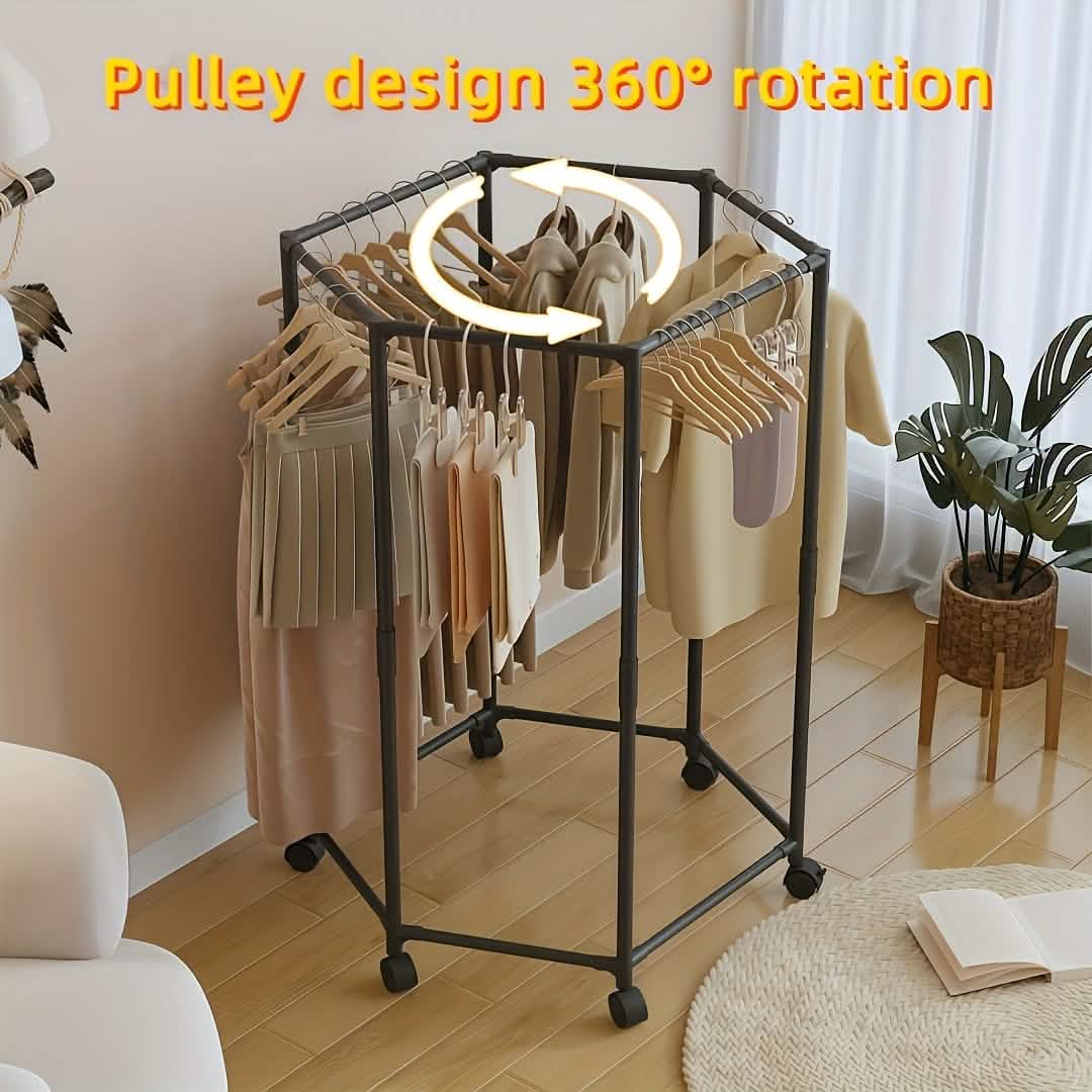 360° Rotating Clothing Rack - Freestanding Organizer with Wheels for bedroom or laundry area