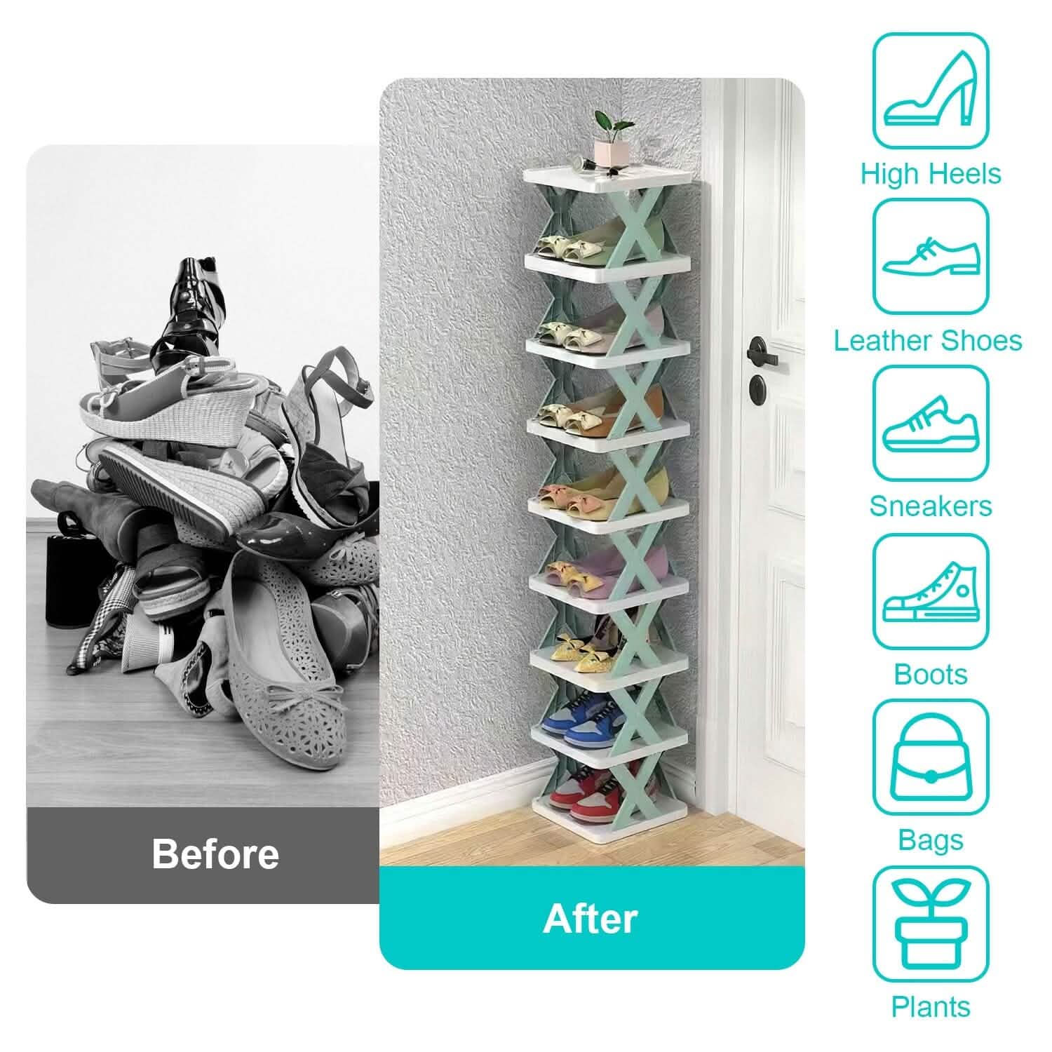 Narrow Shoe Rack Organizer 9-Tier - Vertical Storage for Small Spaces organizer detail