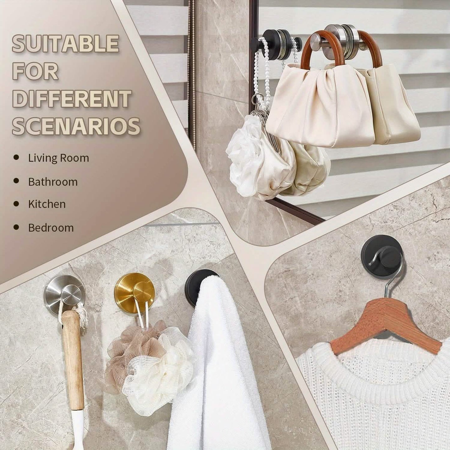 strong suction cup hooks 2-pack - no-drill stainless steel in a bathroom or kitchen wall setup