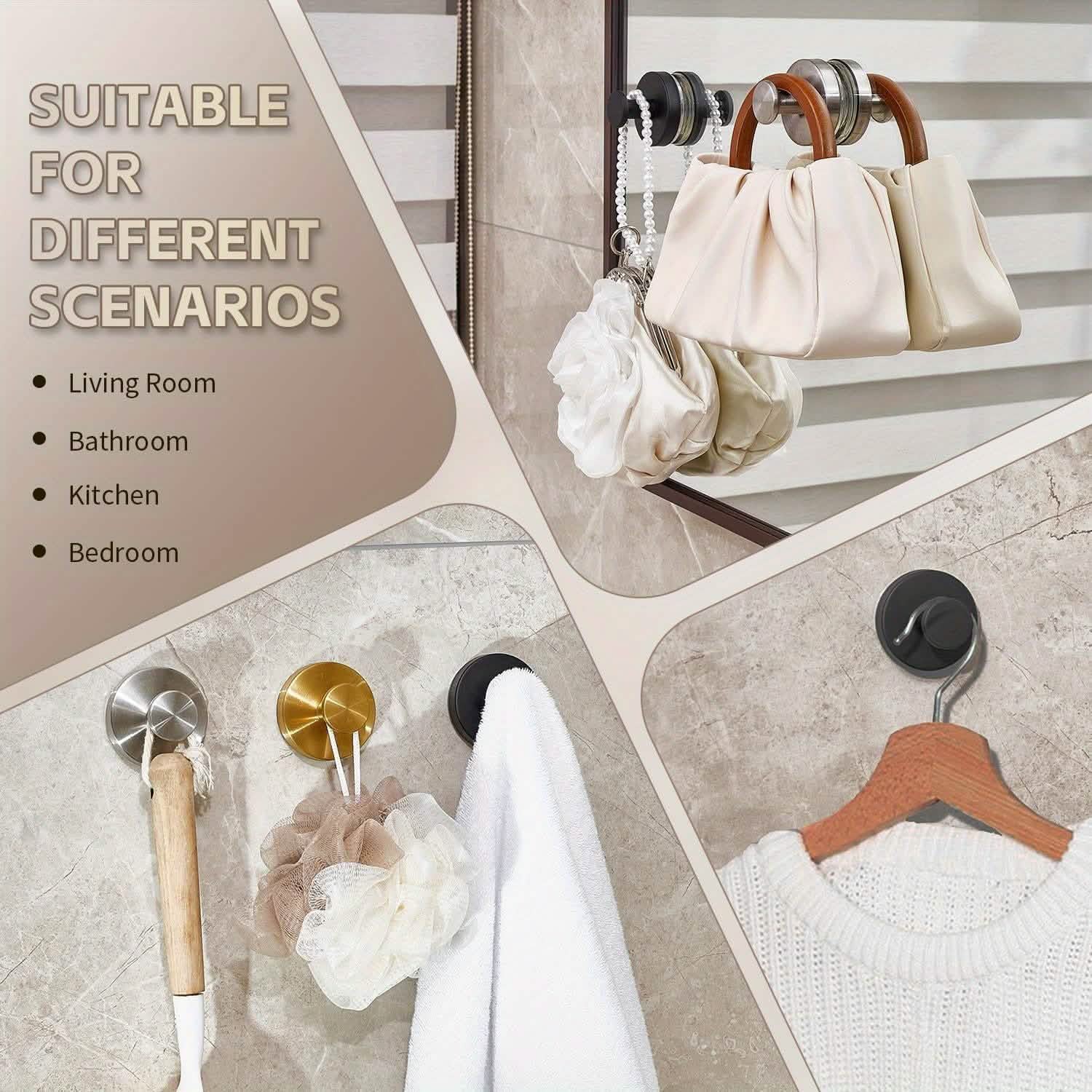 strong suction cup hooks 2-pack - no-drill stainless steel in a bathroom or kitchen wall setup