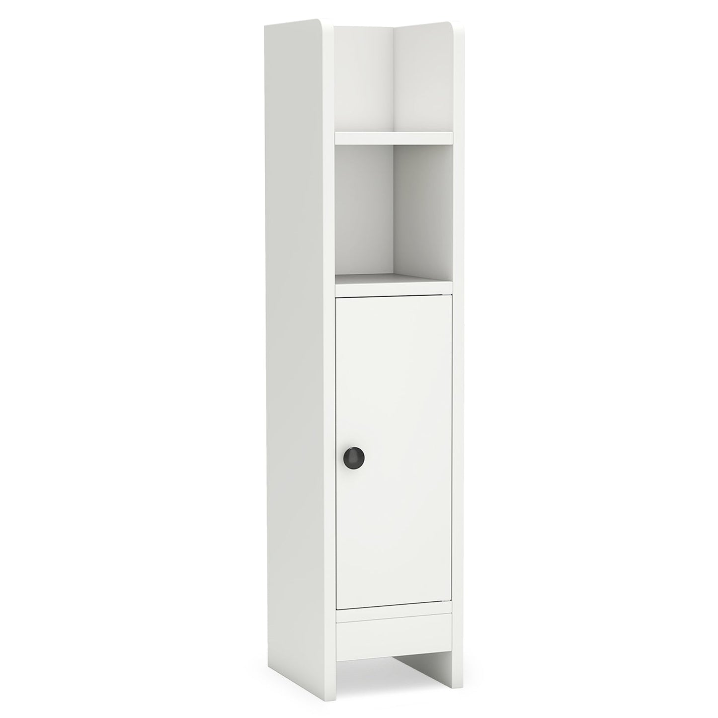 slim bathroom corner cabinet with door and adjustable shelf - white in a bathroom setup
