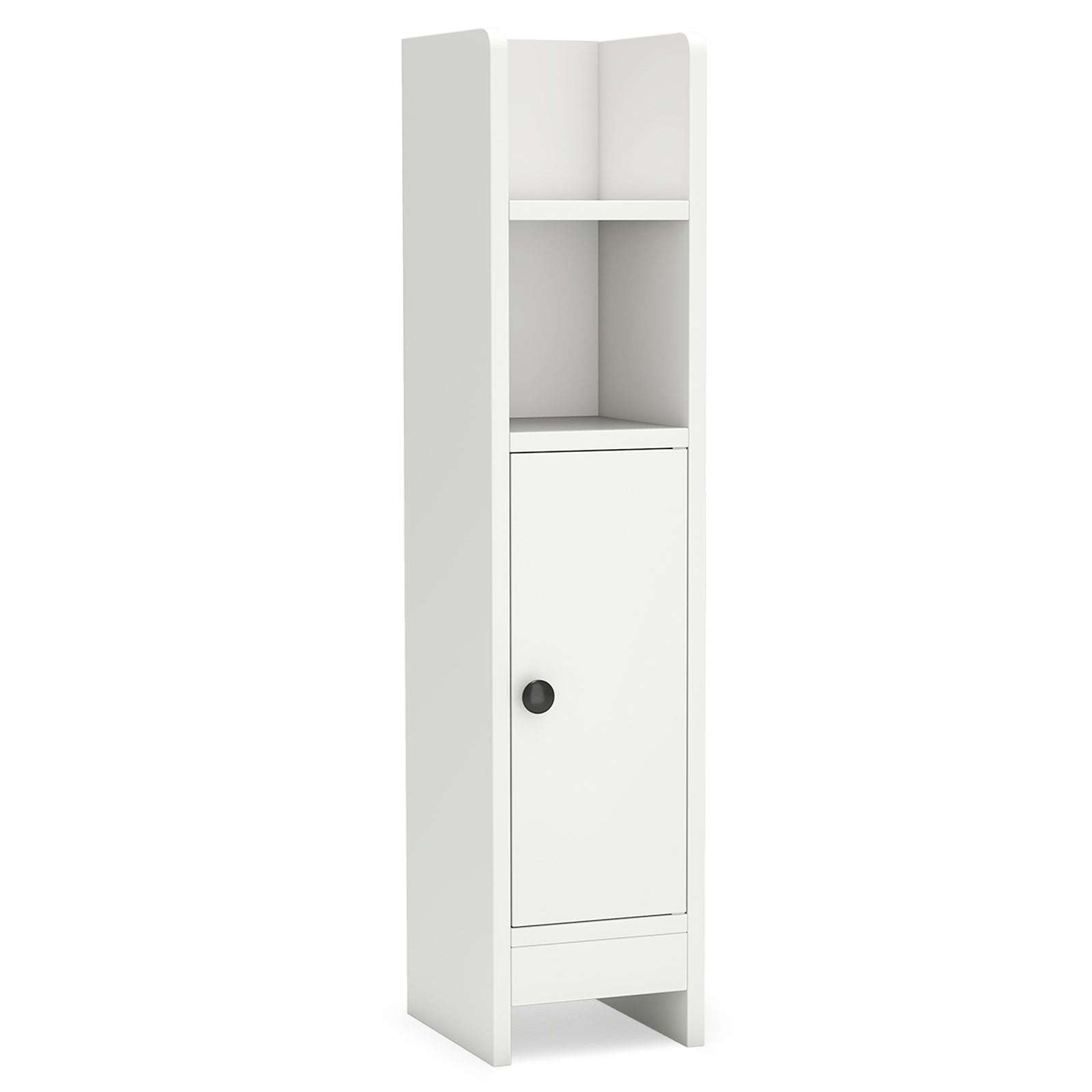 slim bathroom corner cabinet with door and adjustable shelf - white in a bathroom setup