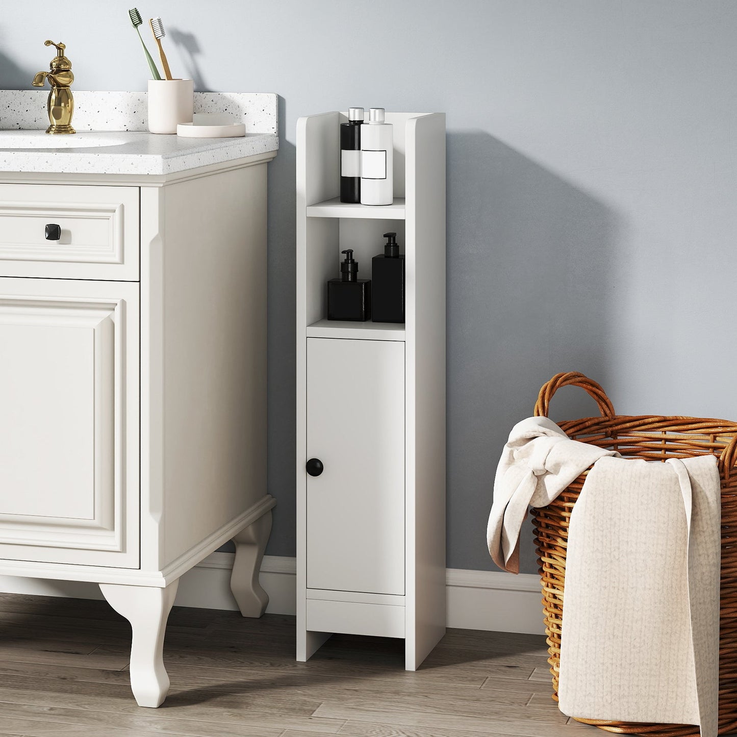 Slim Bathroom Corner Cabinet with Door and Adjustable Shelf - White organizer detail