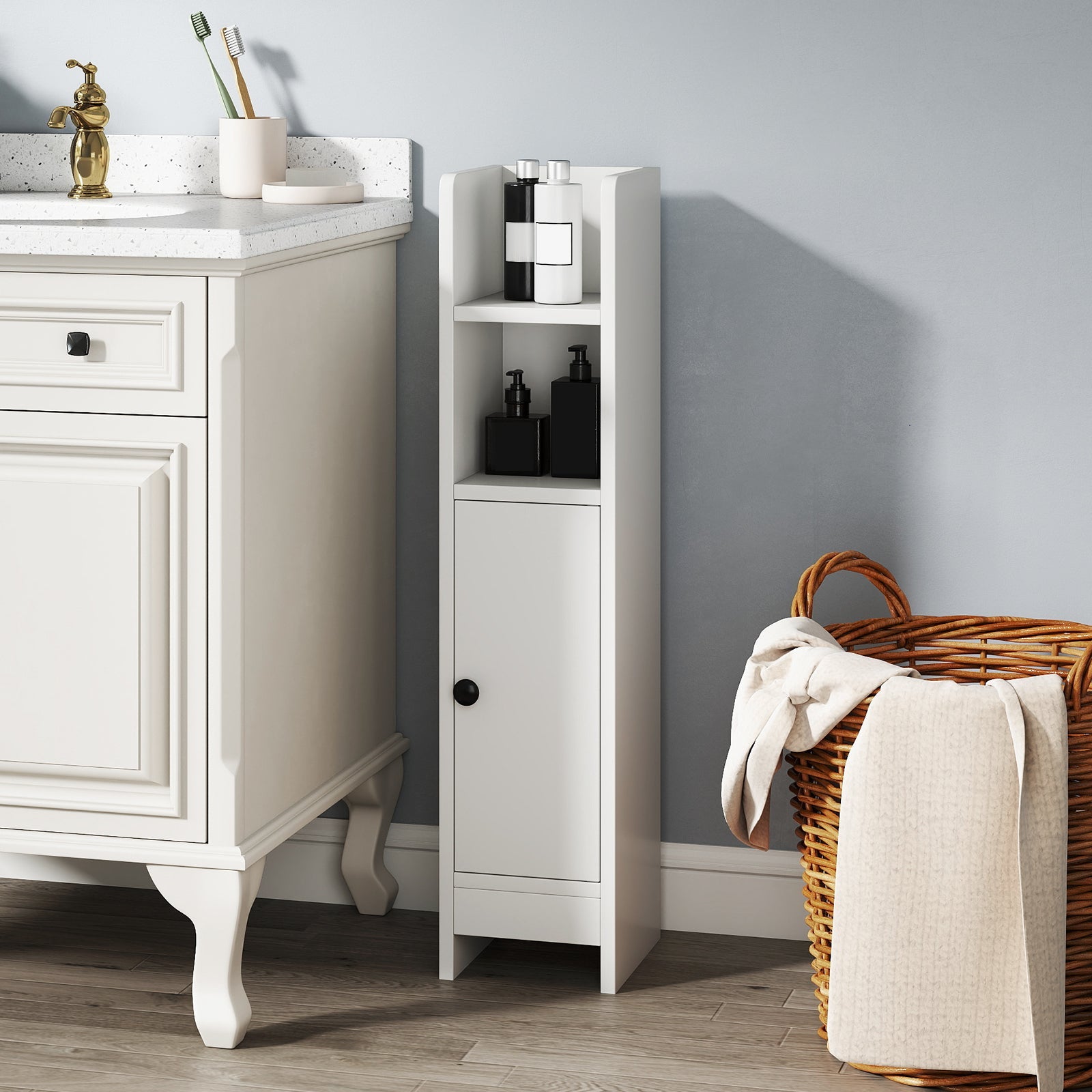 Slim Bathroom Corner Cabinet with Door and Adjustable Shelf - White organizer detail