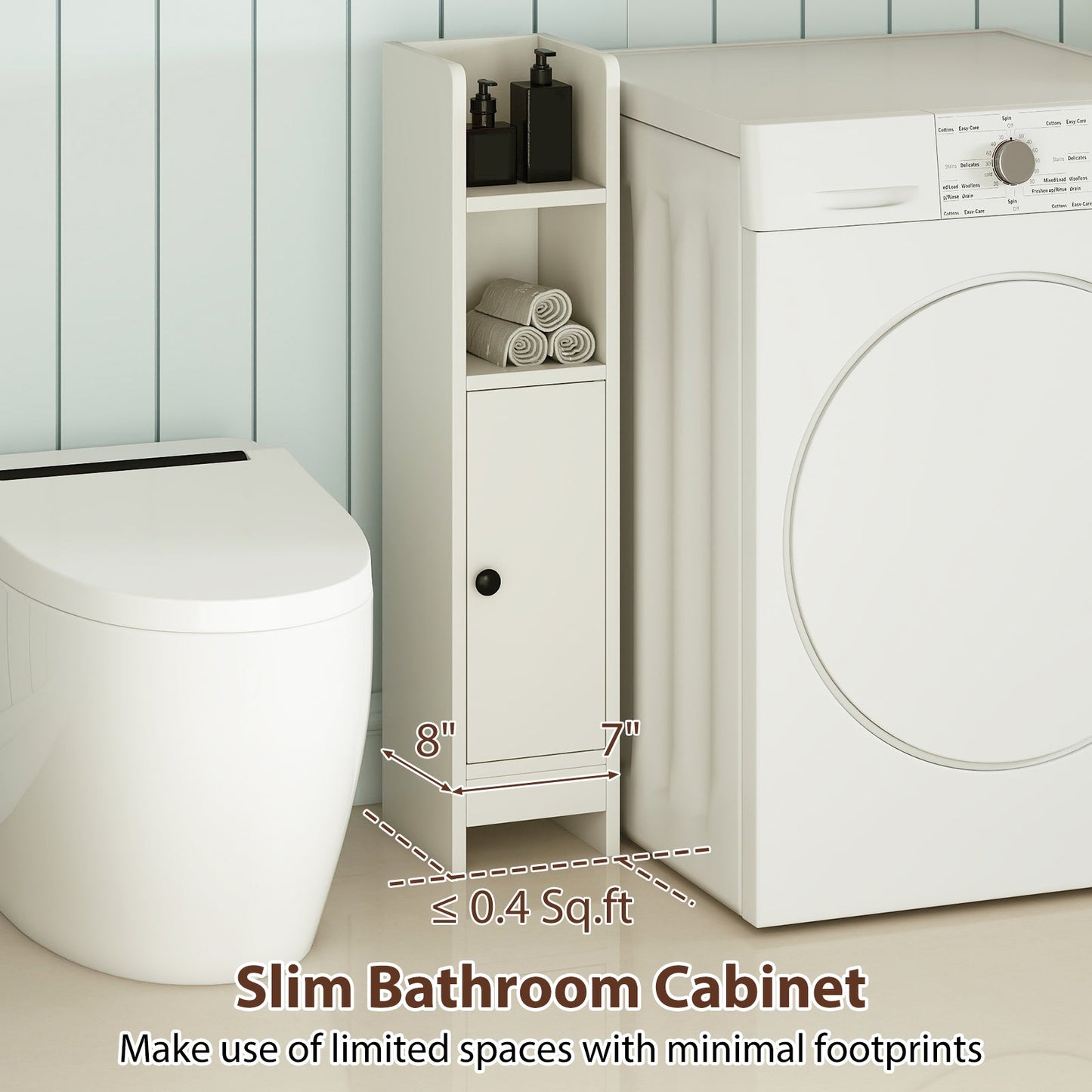 slim bathroom corner cabinet with door and adjustable shelf - white in a bathroom setup