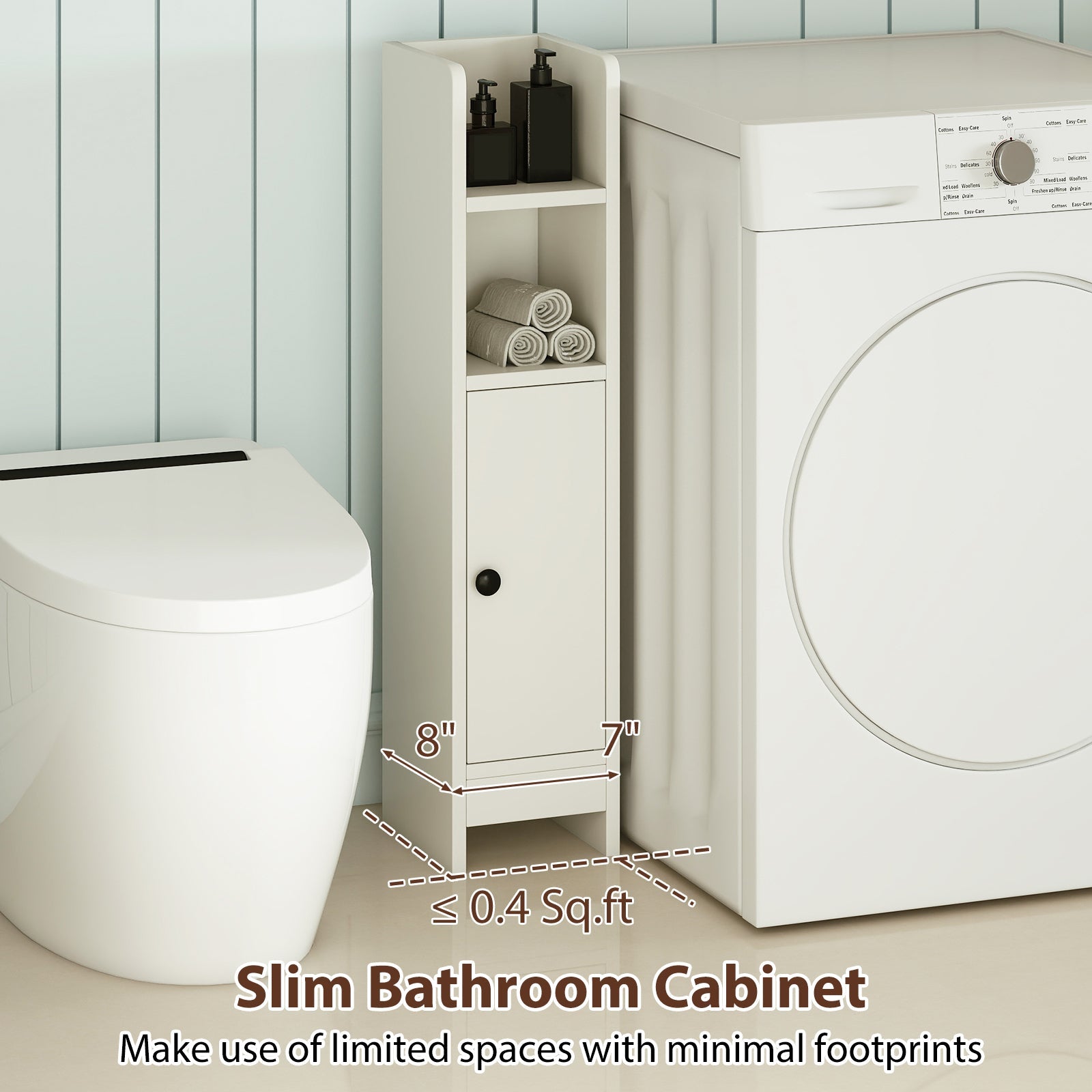 slim bathroom corner cabinet with door and adjustable shelf - white in a bathroom setup