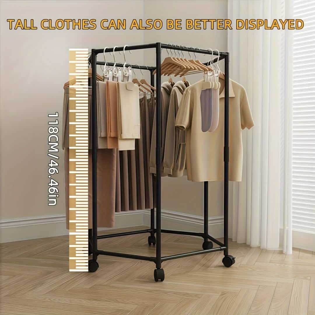 space-saving rotating clothing rack for dorms, apartments, and overflow closet setups