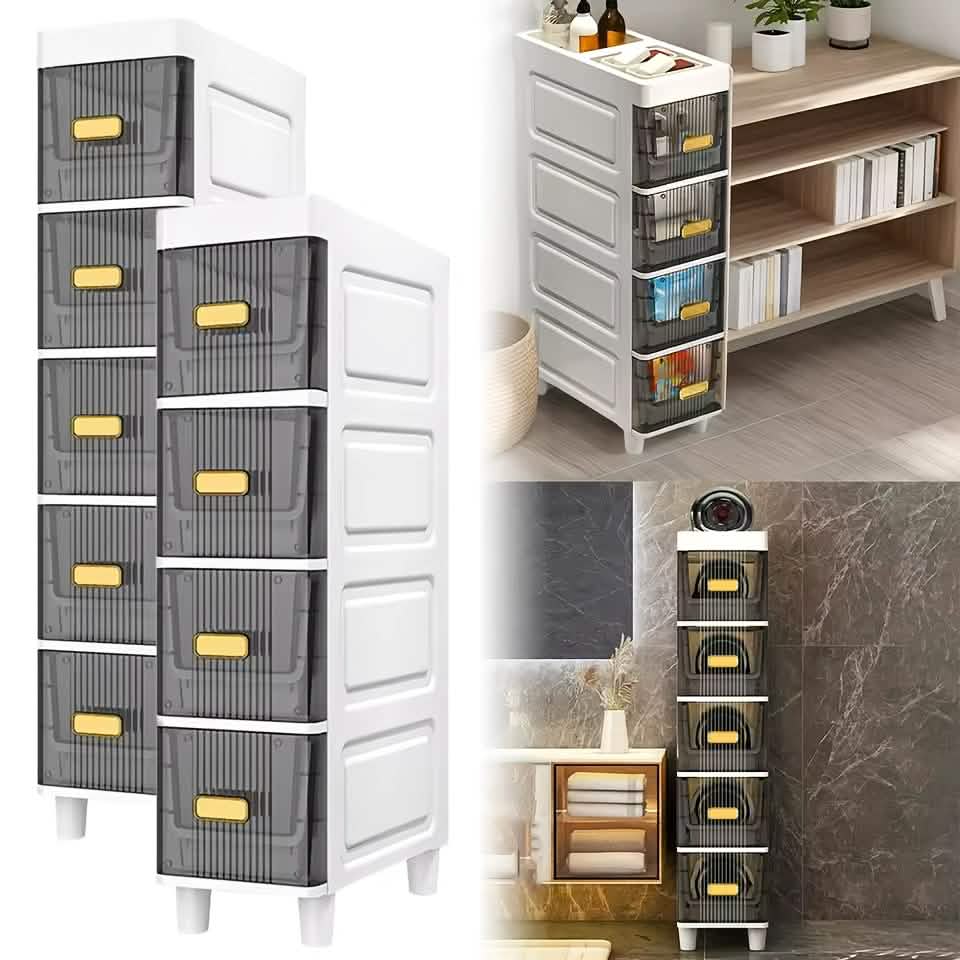 slimline multi-drawer storage cabinet - 3, 4, or 6 layer in a bedroom, bathroom, or office setup