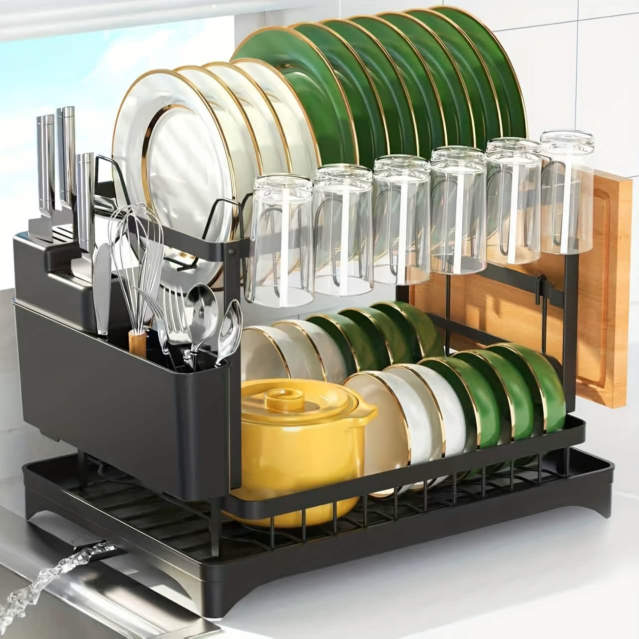 black metal dish rack - 2-layer or 3-layer kitchen drying rack in a kitchen counter setup