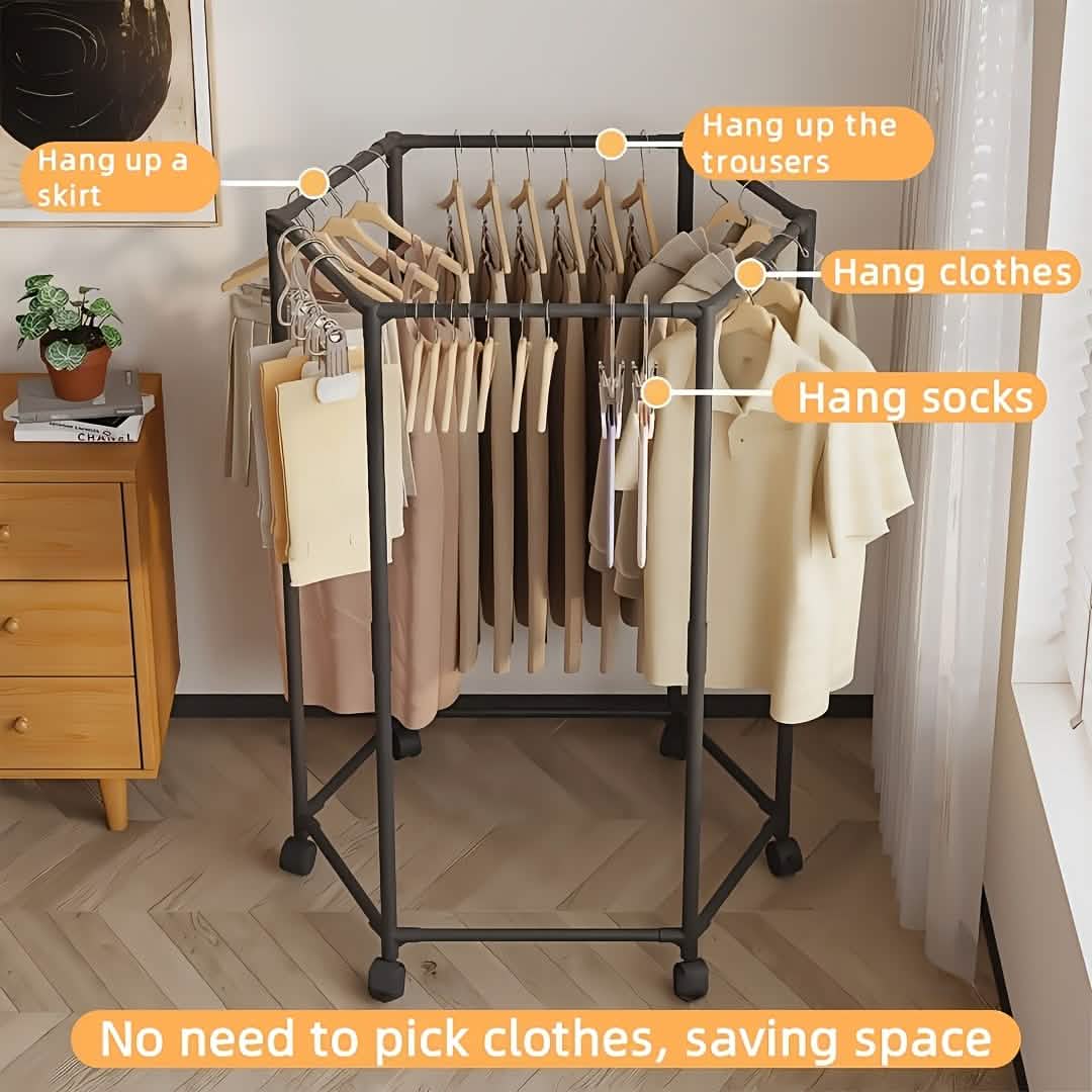 space-saving rotating clothing rack for dorms, apartments, and overflow closet setups