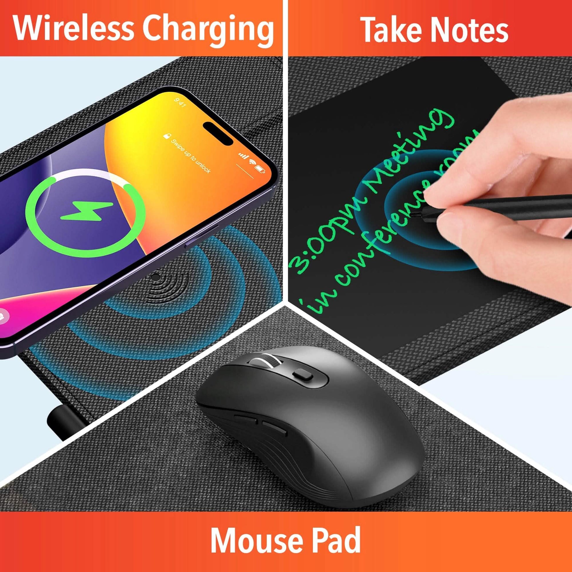 Collage of a wireless charging pad, mouse, and person taking notes on a mouse pad with text 'Wireless Charging', 'Take Notes', and 'Mouse Pad'.