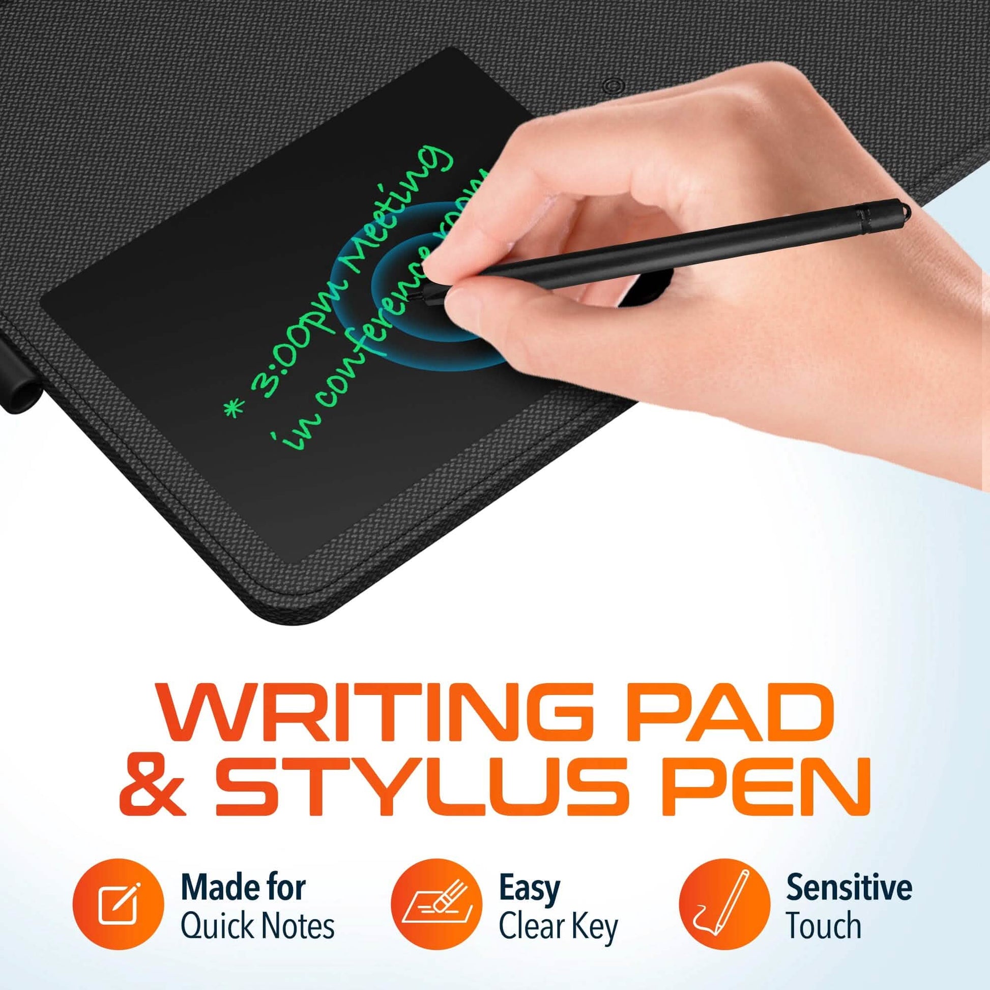 Hand using a stylus pen on a digital writing pad with text overlay.