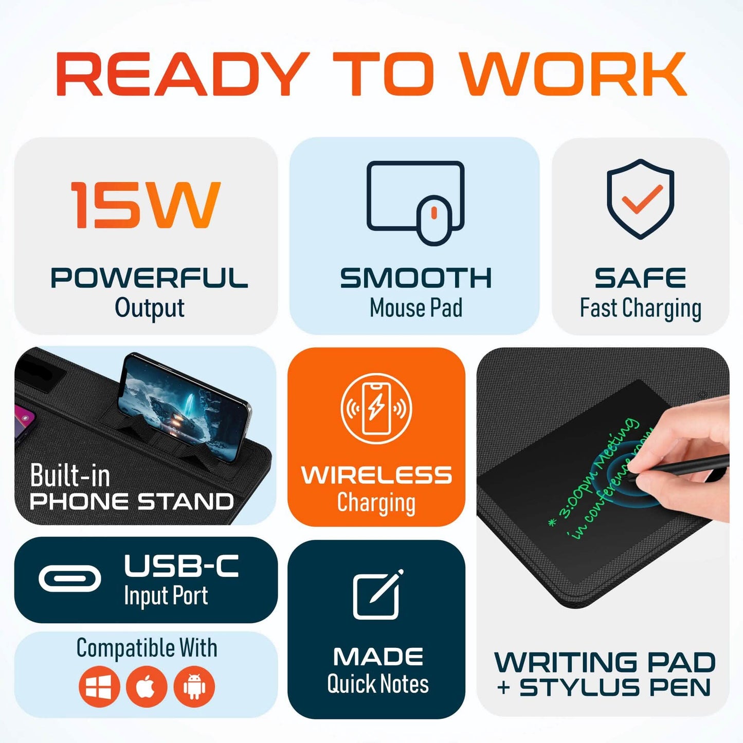Product features including 15W power output, smooth mouse pad, safe fast charging, built-in phone stand, wireless charging, USB-C input port, compatible with multiple devices, made quick notes, and writing pad with stylus pen.