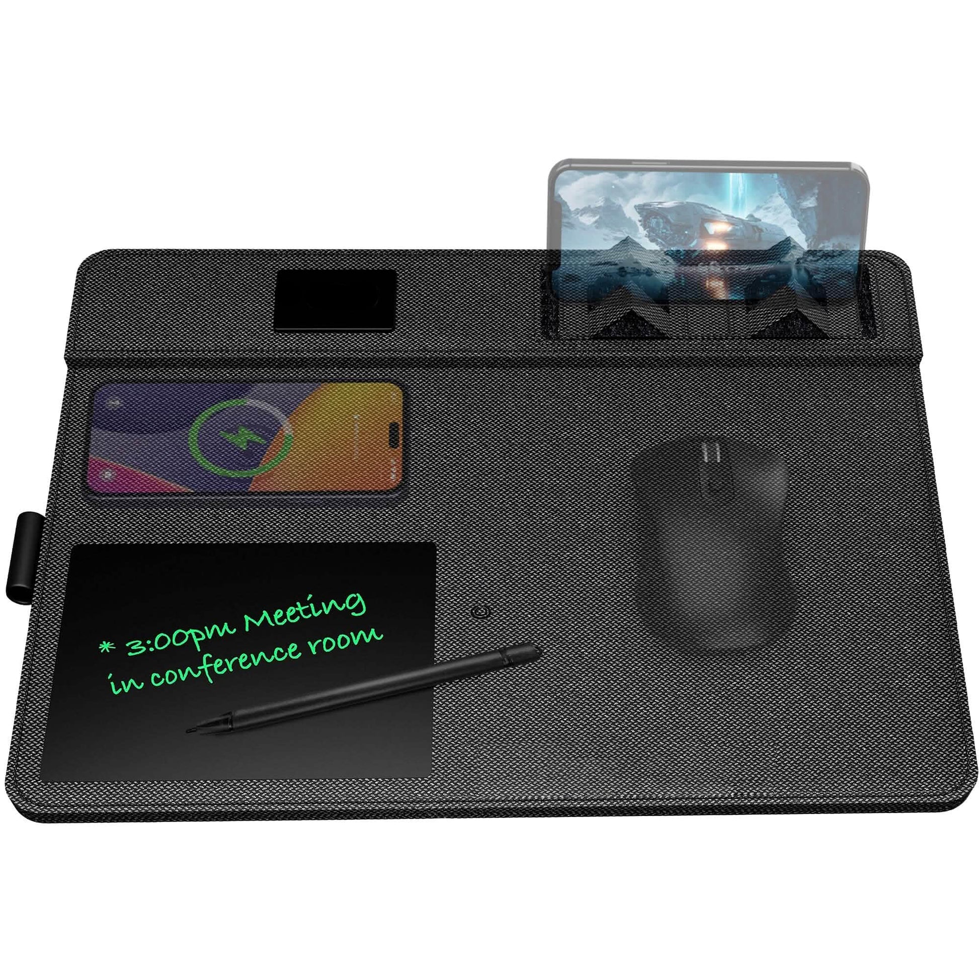Black desk mat with phone holder, mouse pad, and smartphone displaying a meeting reminder.