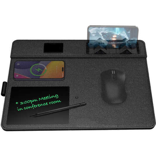 Black desk mat with phone holder, mouse pad, and smartphone displaying a meeting reminder.
