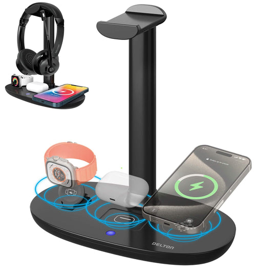 3-in-1 Wireless Charging Station with Headphone Stand, Fast Charging Desk Charging Station, 15W Wireless Charger Stand for iPhones, iWatches, AirPods & Qi-enabled Devices - Black