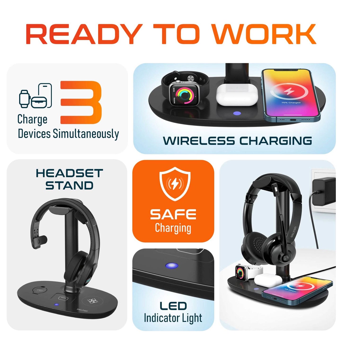 3-in-1 Wireless Charging Station with Headphone Stand, Fast Charging Desk Charging Station, 15W Wireless Charger Stand for iPhones, iWatches, AirPods & Qi-enabled Devices - Black