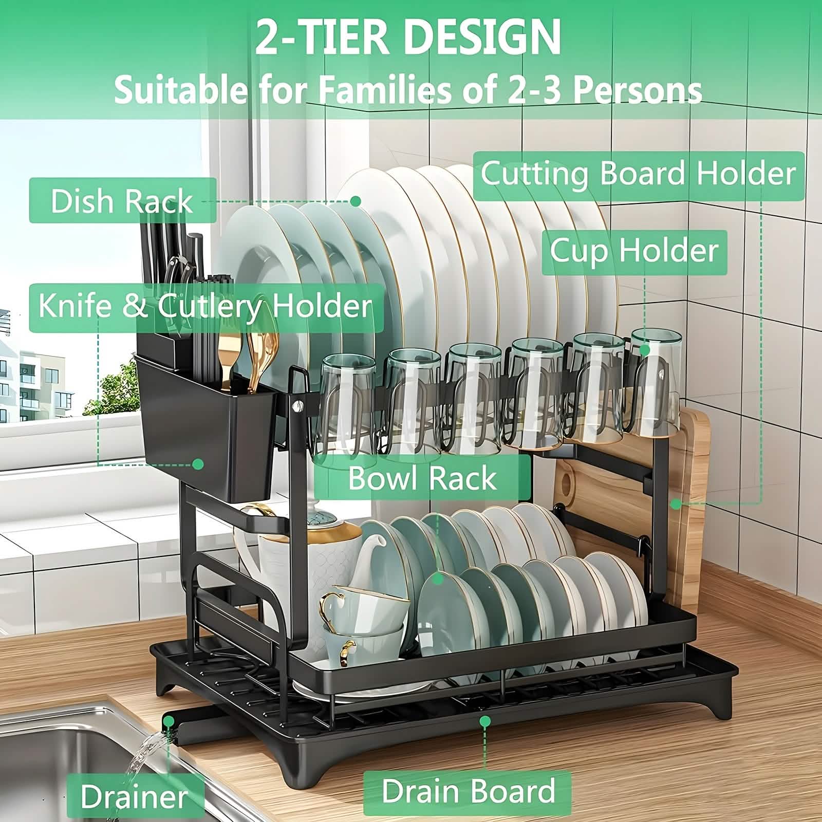 black metal dish rack - 2-layer or 3-layer kitchen drying rack in a kitchen counter setup