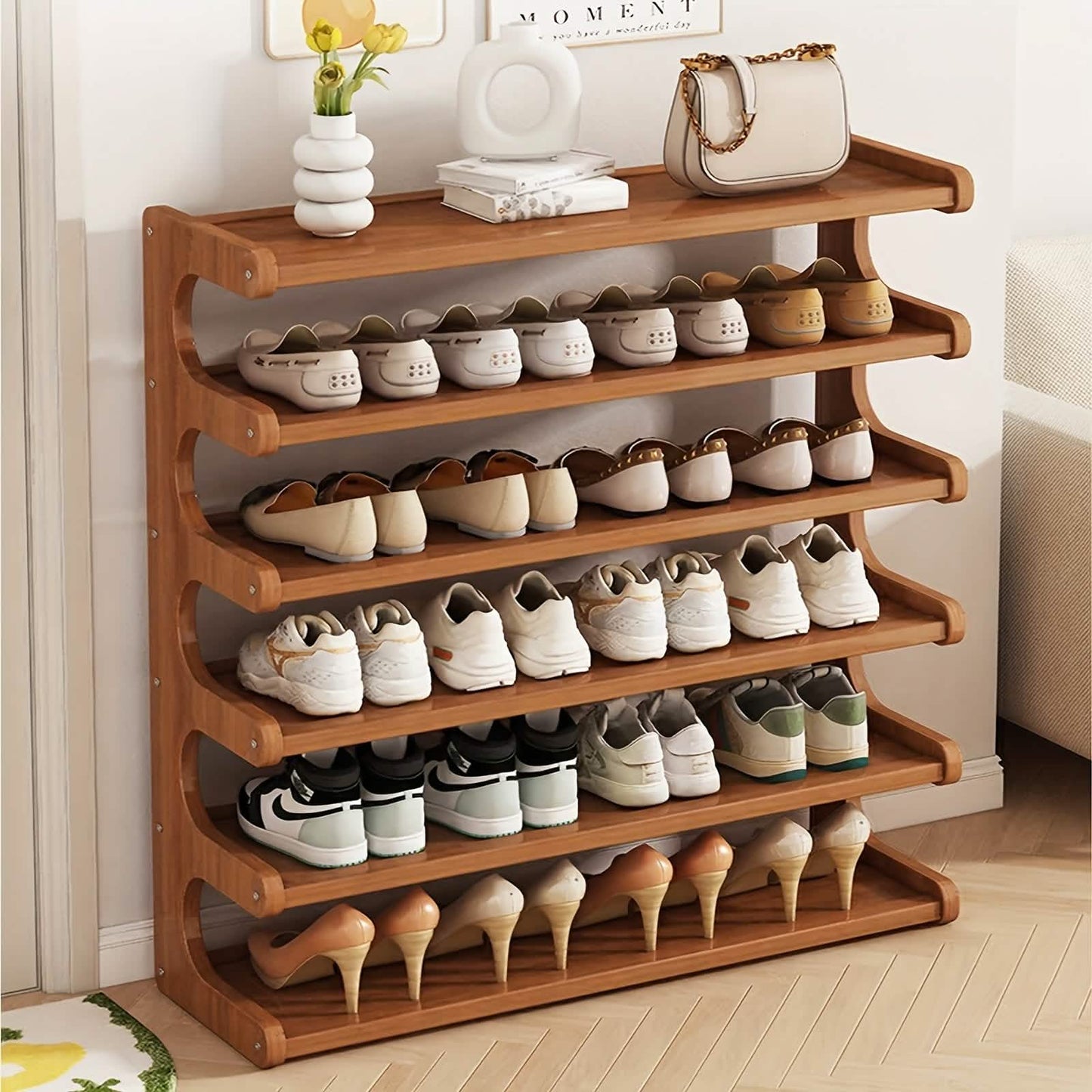 Bamboo Shoe Rack Organizer - 5 or 6 Tier Storage Shelf for entryway or closet