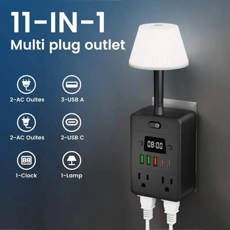 Black 11-in-1 wall outlet extender with desk lamp, clock, AC outlets and USB ports
