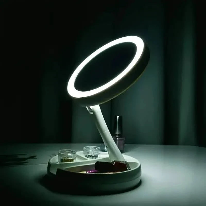 led vanity mirror with storage box - foldable 1x and 10x magnifying mirror in a bathroom wall or vanity setup