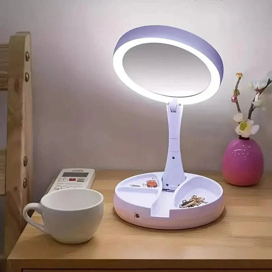 LED Vanity Mirror with Storage Box - Foldable 1X and 10X Magnifying Mirror for bathroom wall or vanity
