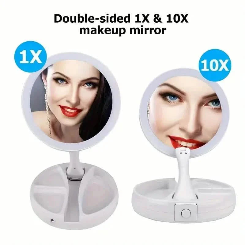 LED Vanity Mirror with Storage Box - Foldable 1X and 10X Magnifying Mirror organizer detail