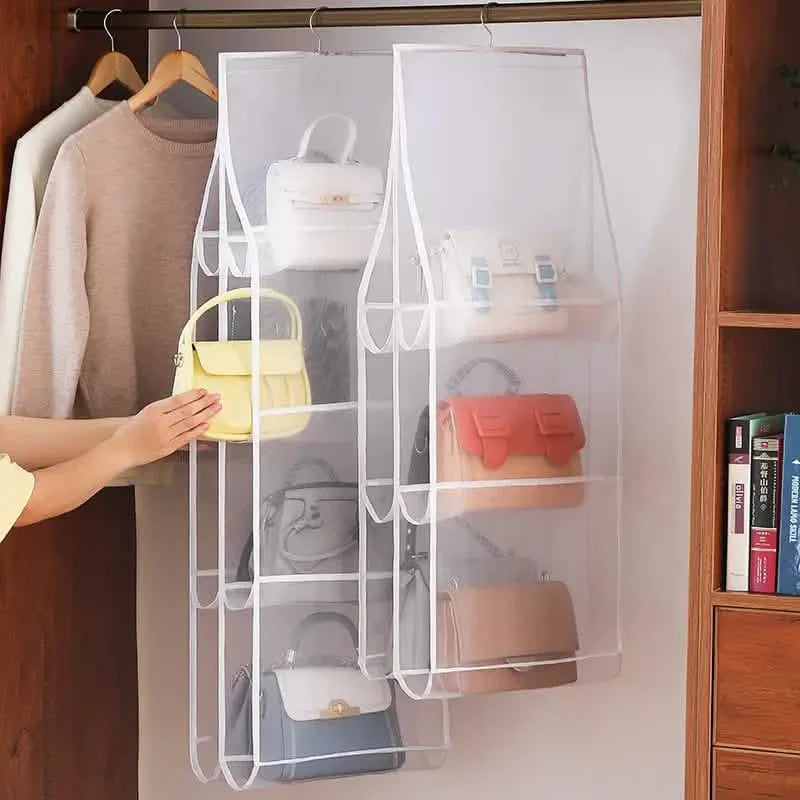 hanging handbag organizer for closet - multi-tier purse storage in a closet setup