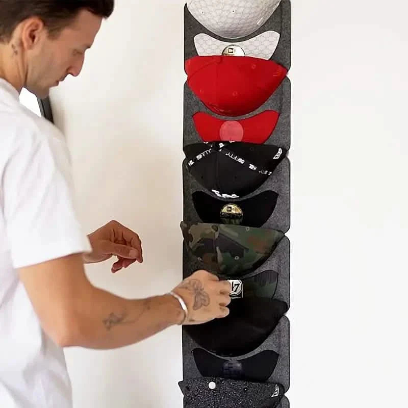 hanging baseball cap organizer for closet - felt hat storage rack in a closet setup