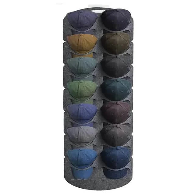 hanging baseball cap organizer for closet - felt hat storage rack in a closet setup