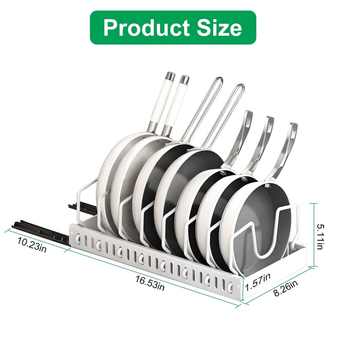 pull-out pots and pans organizer - adjustable cookware rack in a kitchen cabinet setup