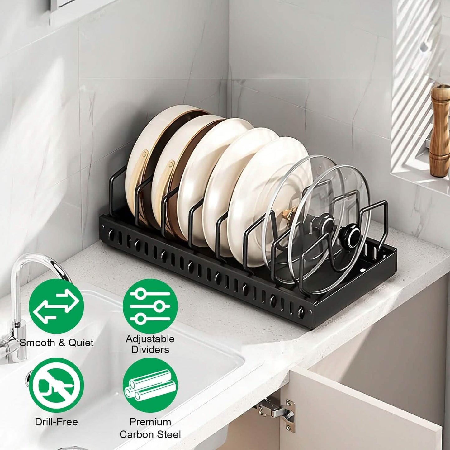 Pull-Out Pots and Pans Organizer - Adjustable Cookware Rack organizer detail