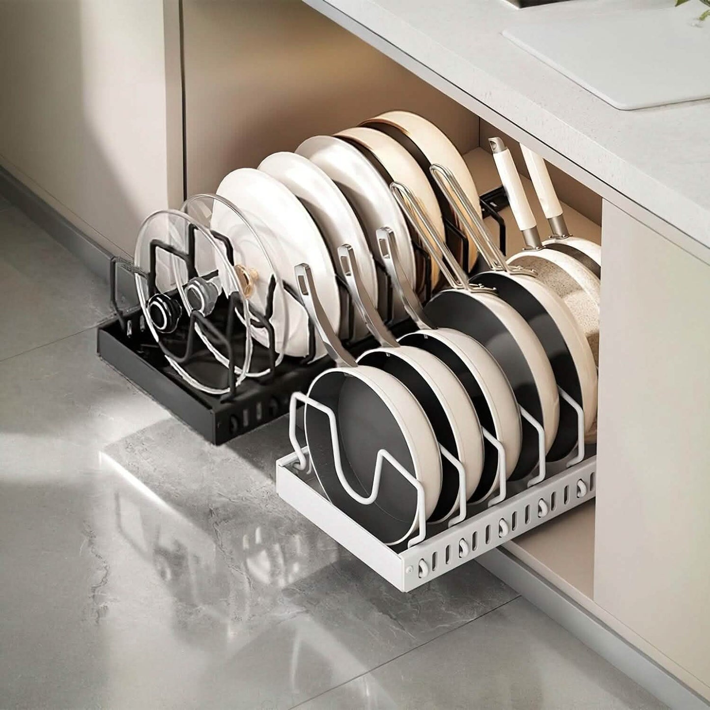 Pull-Out Pots and Pans Organizer - Adjustable Cookware Rack for kitchen cabinet