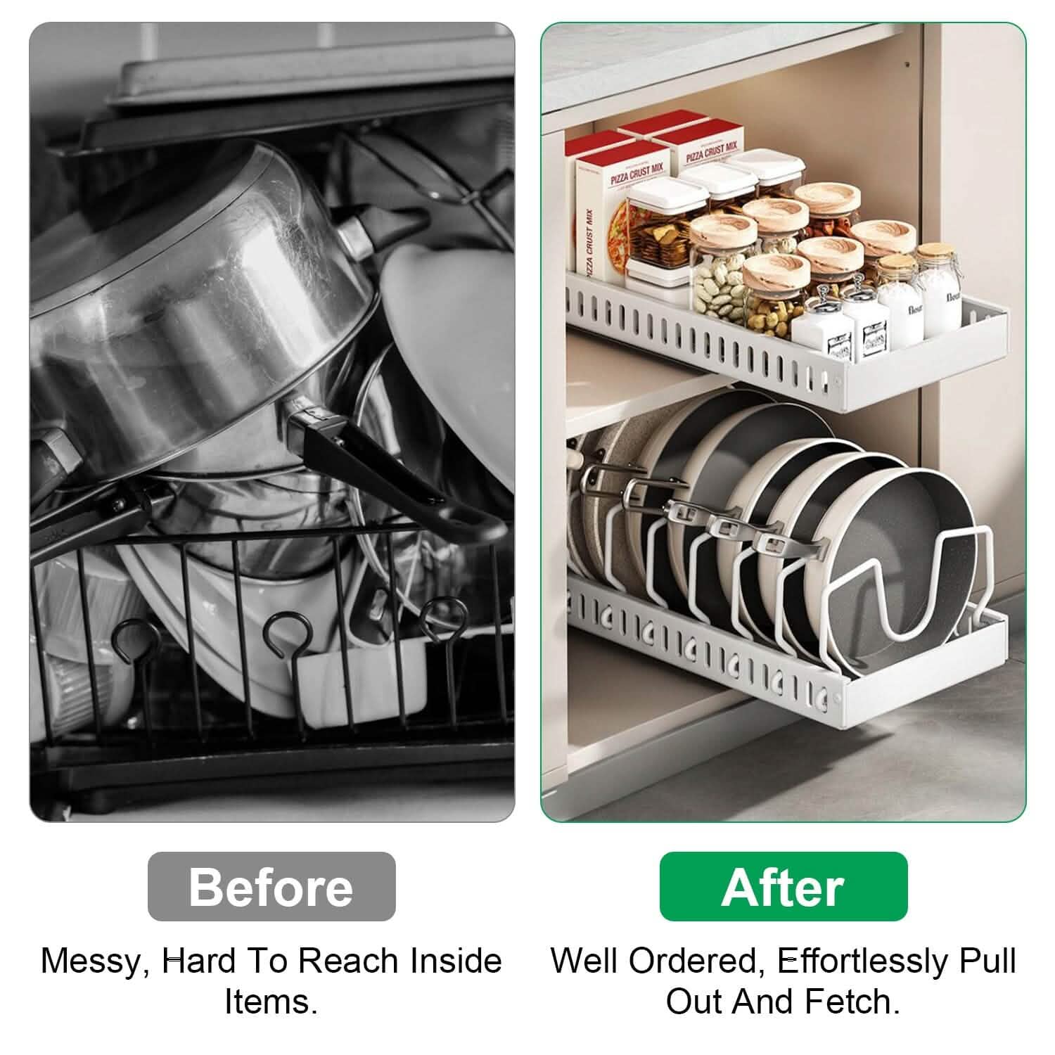 Pull-Out Pots and Pans Organizer - Adjustable Cookware Rack organizer detail