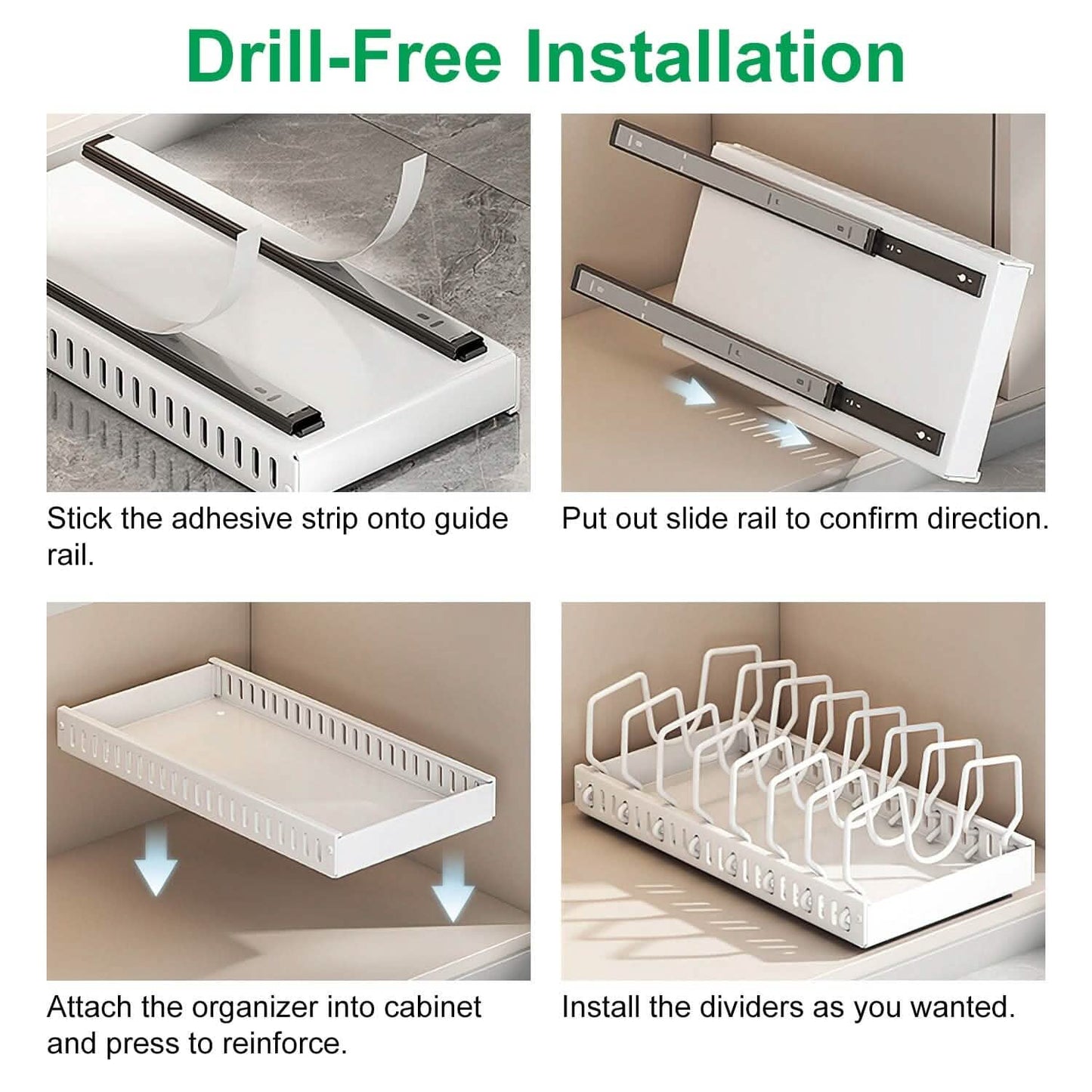 pull-out pots and pans organizer - adjustable cookware rack in a kitchen cabinet setup