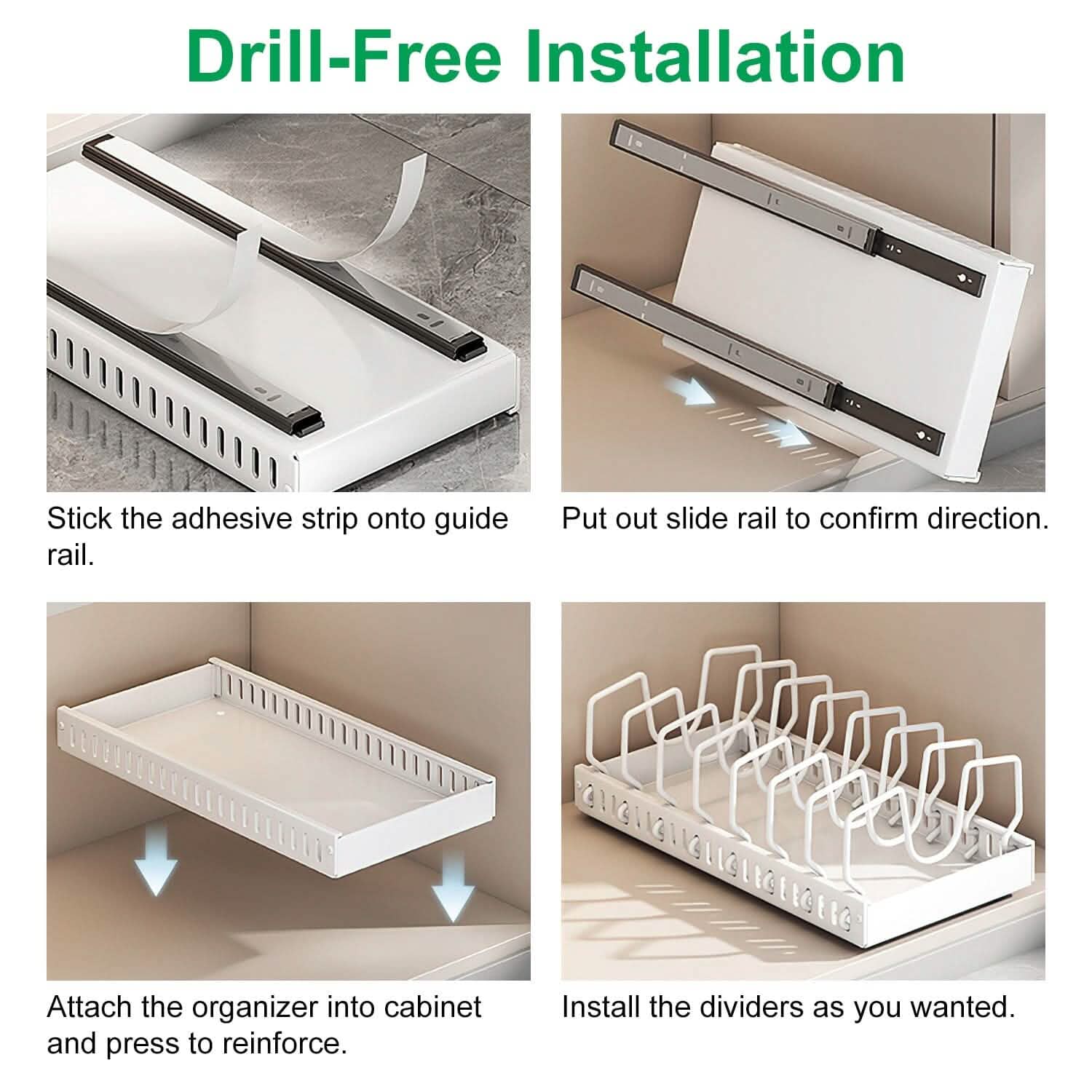 pull-out pots and pans organizer - adjustable cookware rack in a kitchen cabinet setup