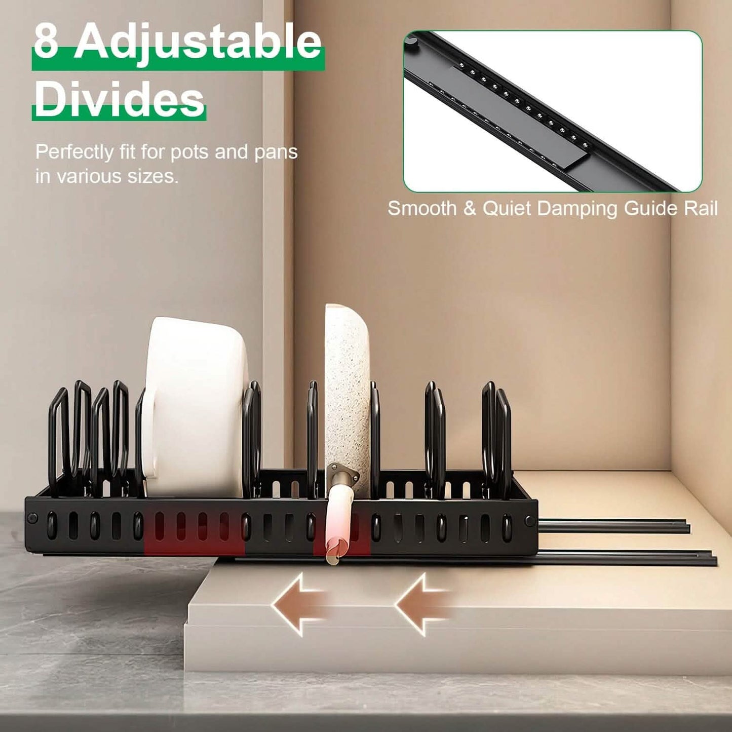 Pull-Out Pots and Pans Organizer - Adjustable Cookware Rack for kitchen cabinet