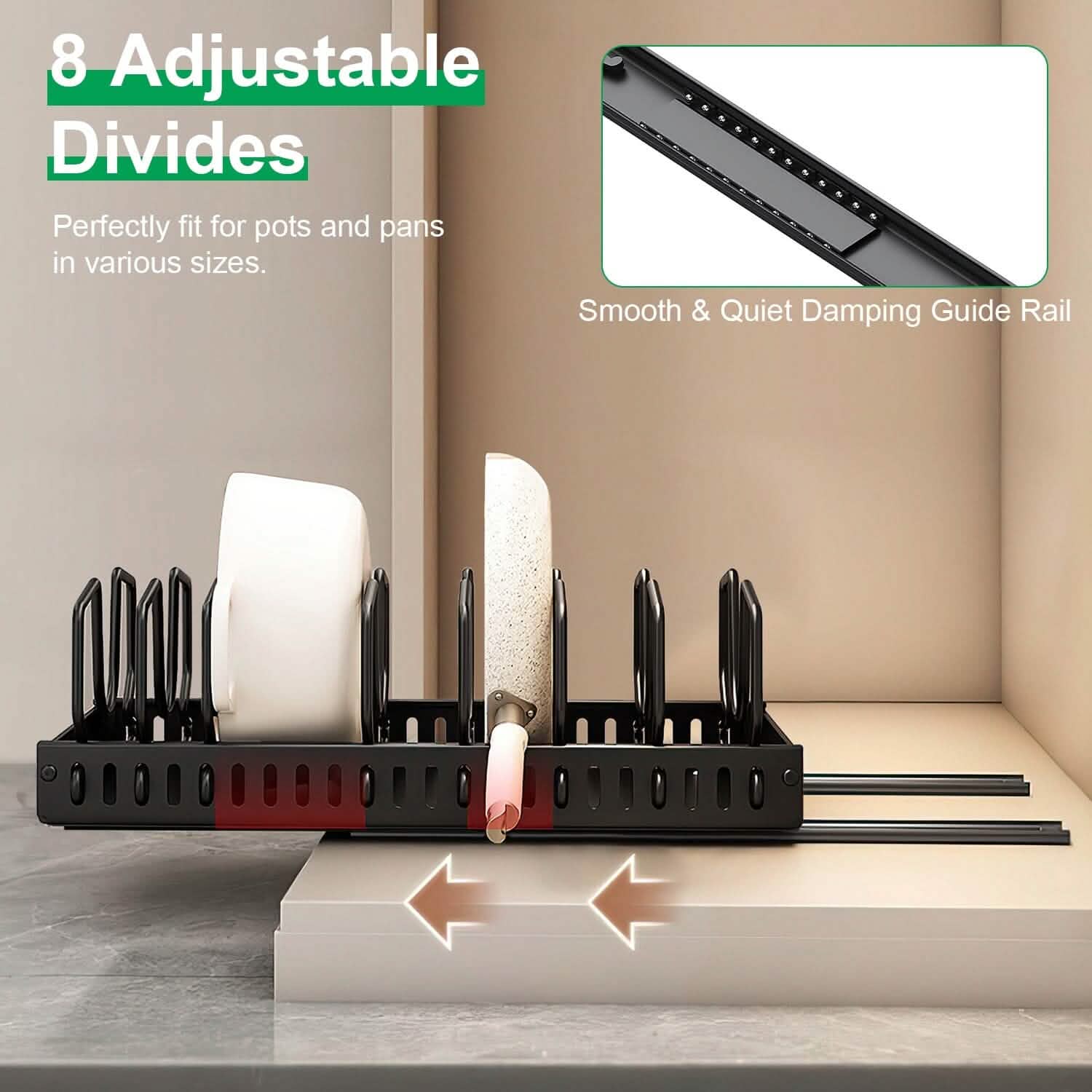 Pull-Out Pots and Pans Organizer - Adjustable Cookware Rack for kitchen cabinet